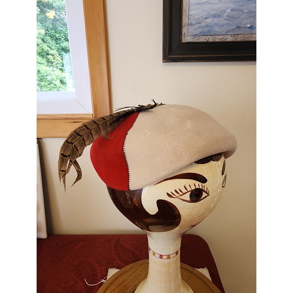 Vintage Tricolor Velour Felt Pillbox Hat Pheasant Feather Floral Star Red Black